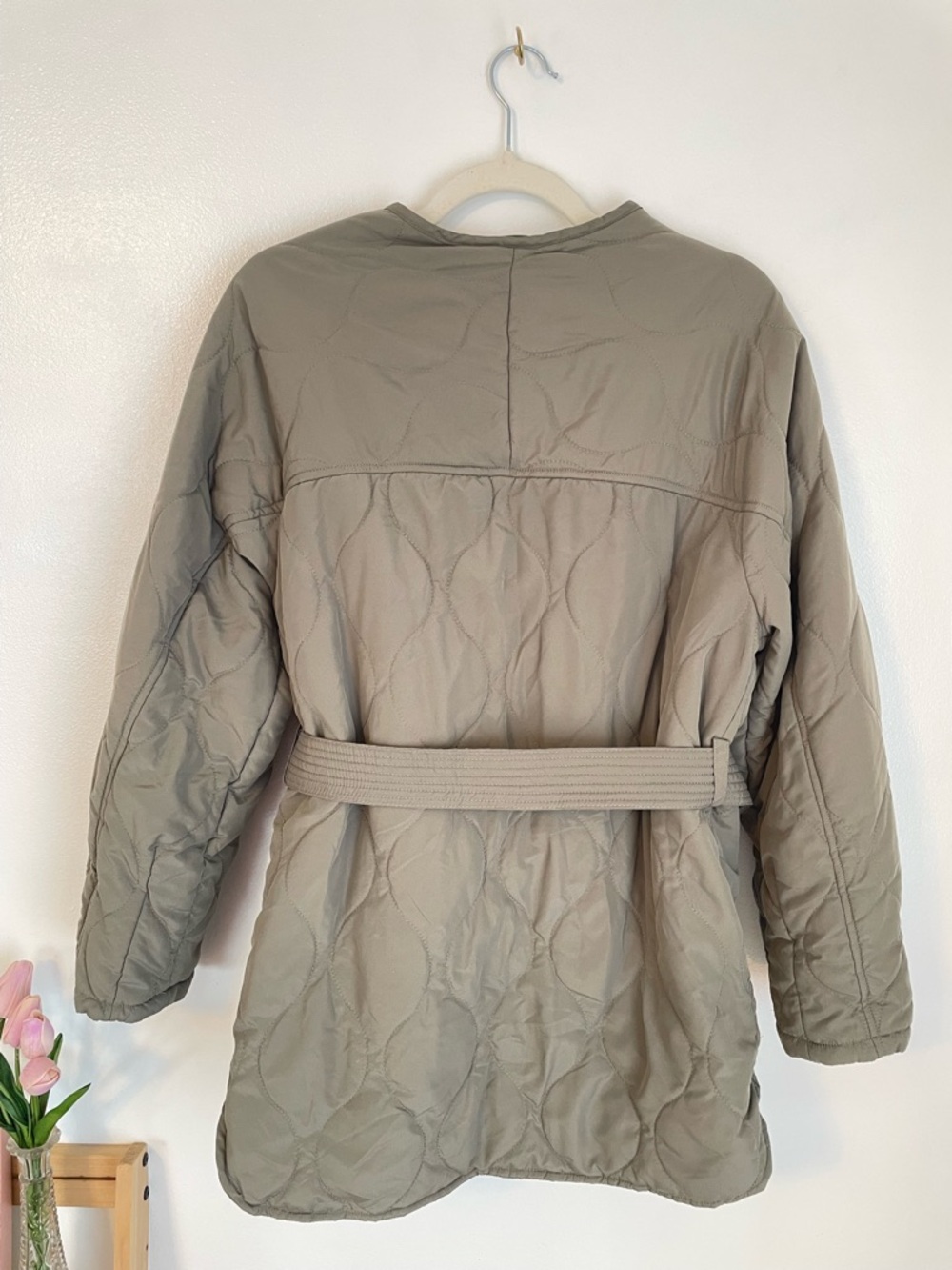 EVEREVE long green quilt jacket snap buttons with fabric belt size small - Picture 6 of 6